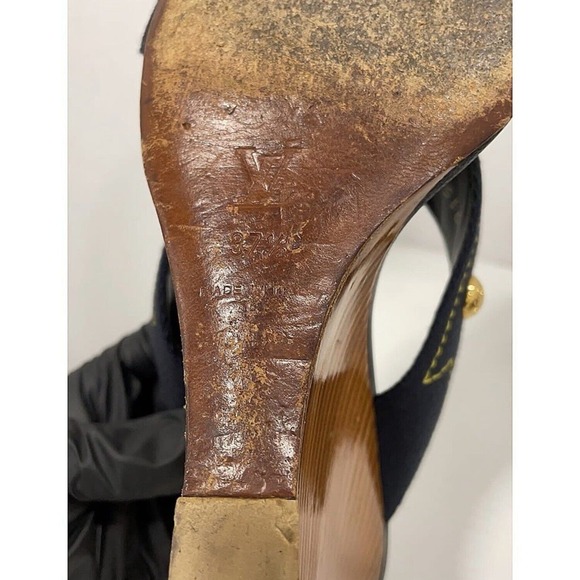 Authentic Louis Vuitton 05 Gold Stud Canvas Wedge Sole Sandals Sz 37.5 US 7.5 - Picture 7 of 10